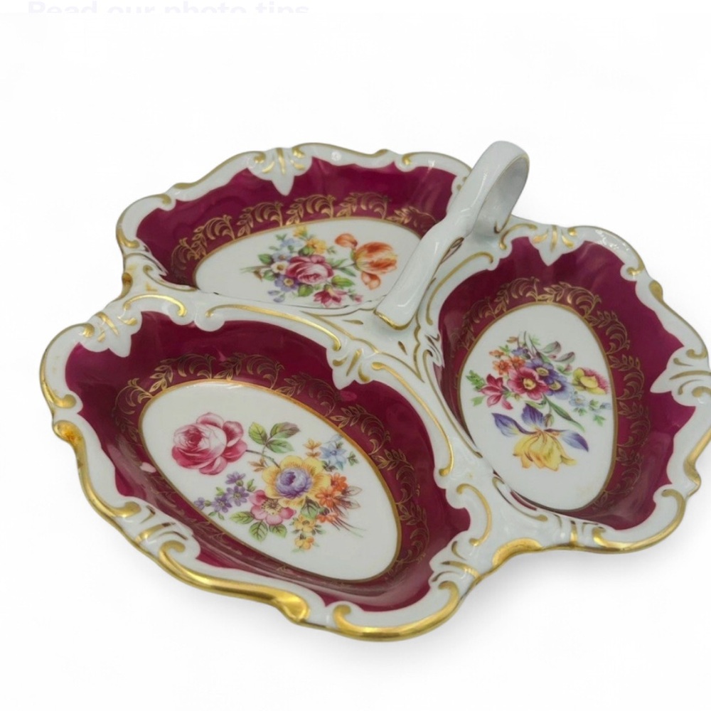 Graf von Henneberg JLMenau Germany 3 Section Porcelain Dish Burgundy Gold Floral